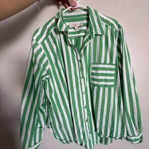 Green and White Striped Button-Up Shirt